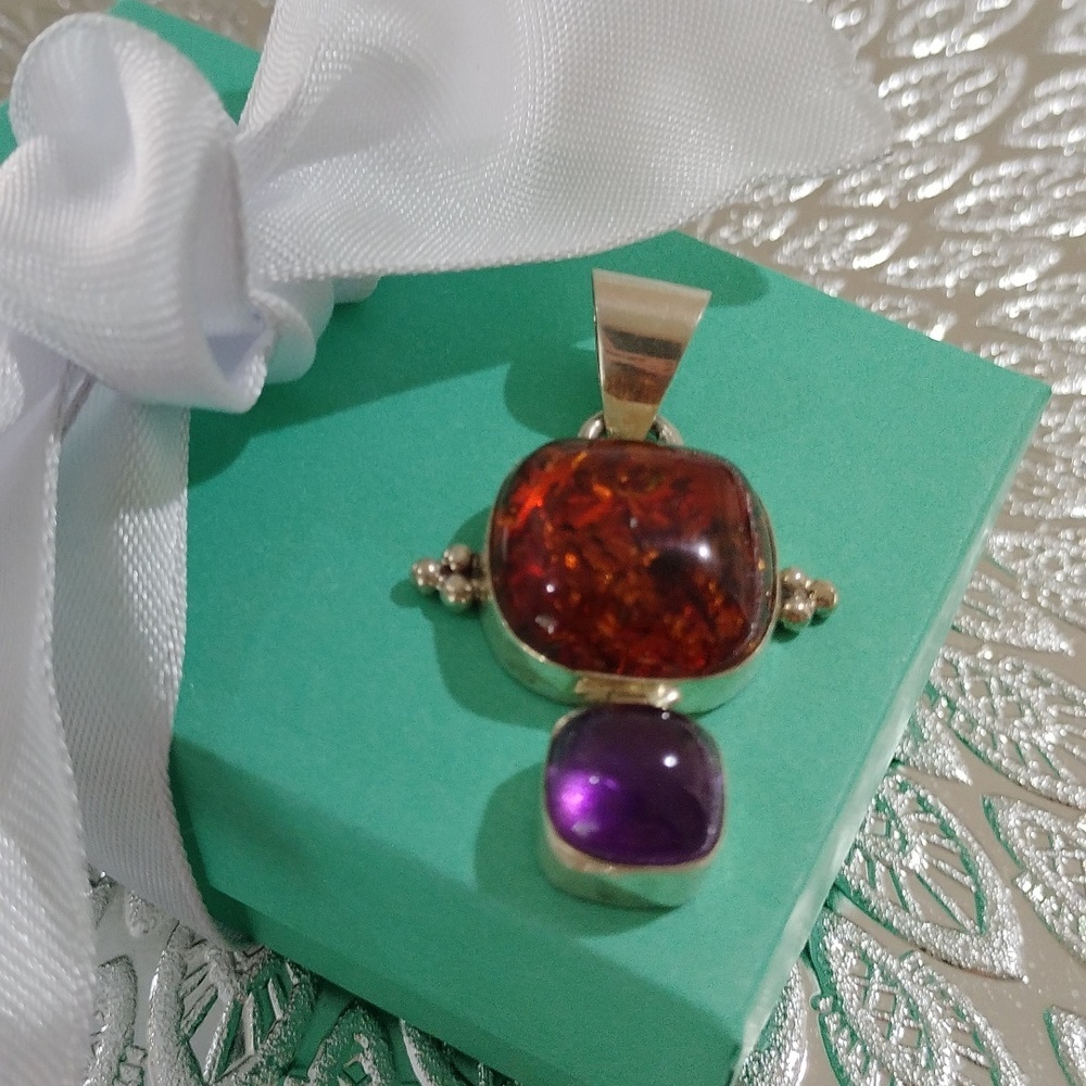 Signed Lori Bonn Sterling Silver, Amber + Amethyst Cushion Pendant